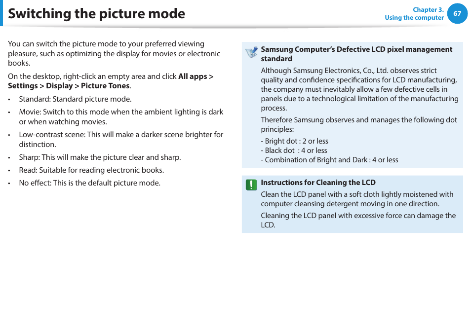 Switching the picture mode | Samsung NP915S3G-K04US User Manual | Page 67 / 145