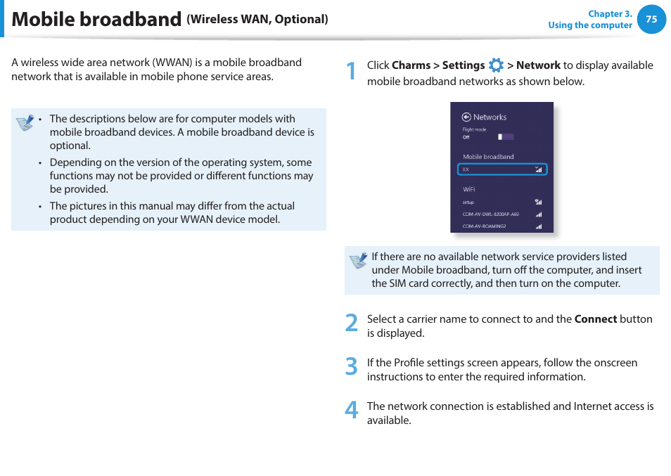 Mobile broadband (wireless wan, optional), Mobile broadband | Samsung NP915S3G-K04US User Manual | Page 75 / 145