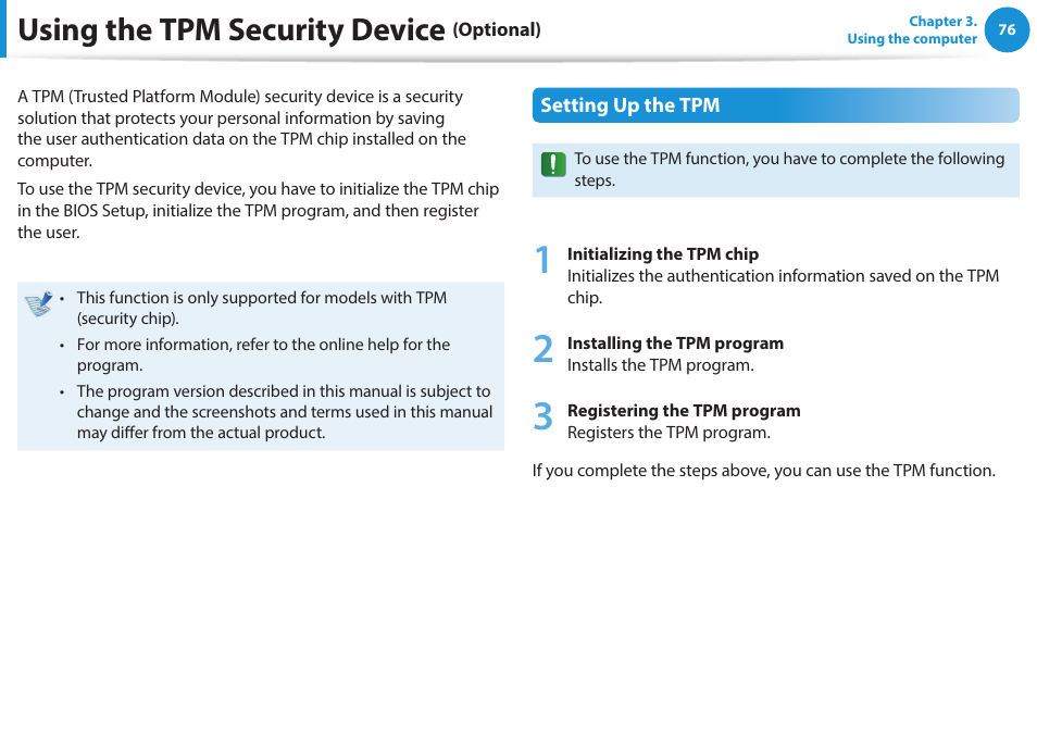 Using the tpm security device (optional), Using the tpm security device | Samsung NP915S3G-K04US User Manual | Page 76 / 145