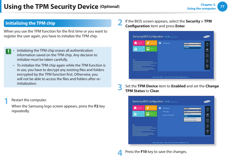 Using the tpm security device, Initializing the tpm chip, Optional) | Samsung NP915S3G-K04US User Manual | Page 77 / 145