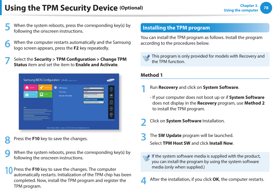 Using the tpm security device | Samsung NP915S3G-K04US User Manual | Page 78 / 145