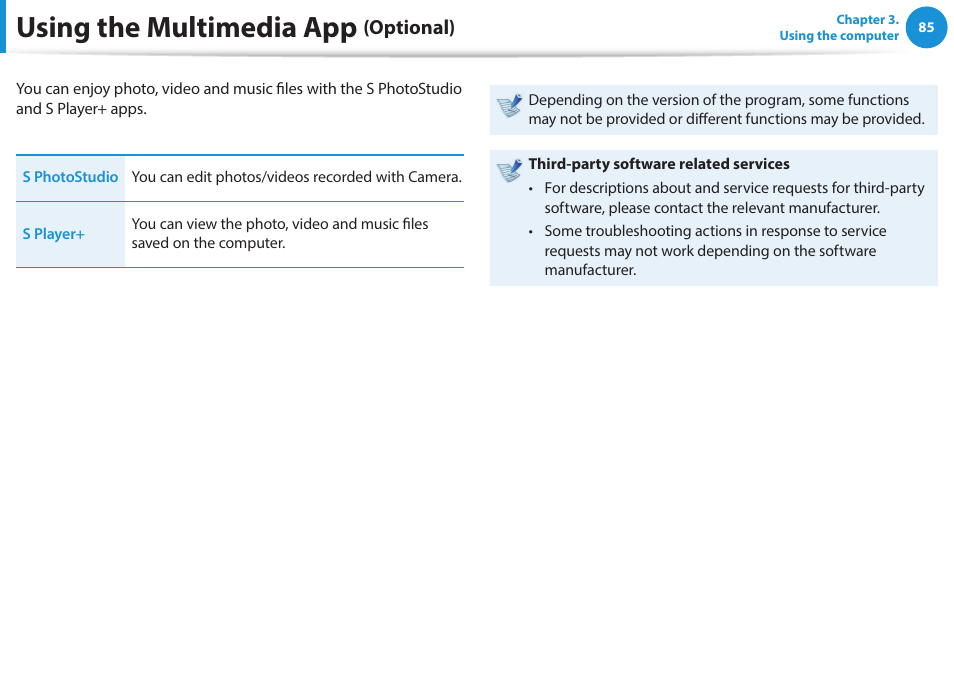 Using the multimedia app (optional), Using the multimedia app, Optional) | Samsung NP915S3G-K04US User Manual | Page 85 / 145