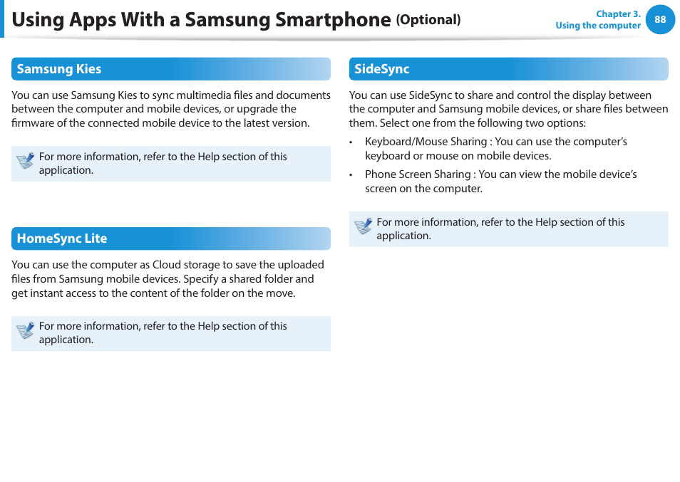 Using apps with a samsung smartphone (optional), Using apps with a samsung smartphone (optional) 88, Using apps with a samsung smartphone | Optional) | Samsung NP915S3G-K04US User Manual | Page 88 / 145