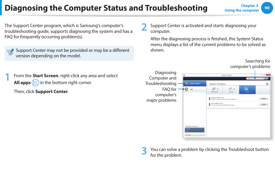 Diagnosing the computer status and troubleshooting | Samsung NP915S3G-K04US User Manual | Page 90 / 145