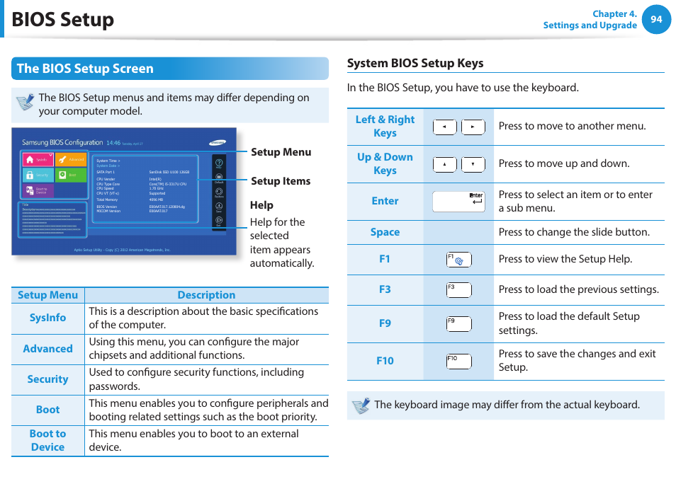 Bios setup, The bios setup screen, System bios setup keys | Samsung NP915S3G-K04US User Manual | Page 94 / 145