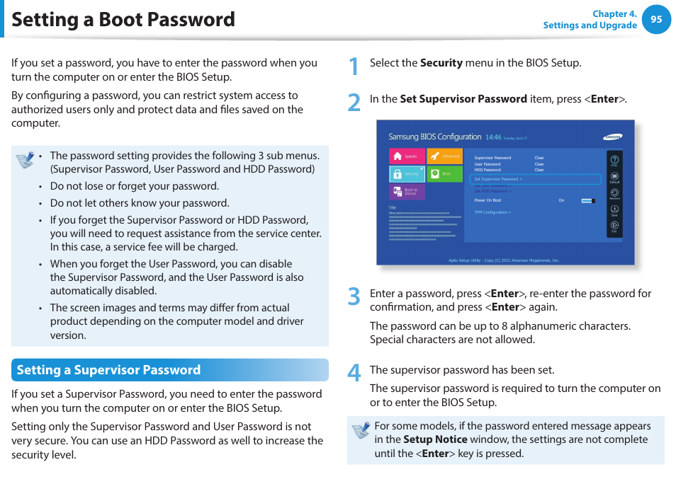 Setting a boot password, Setting a supervisor password | Samsung NP915S3G-K04US User Manual | Page 95 / 145