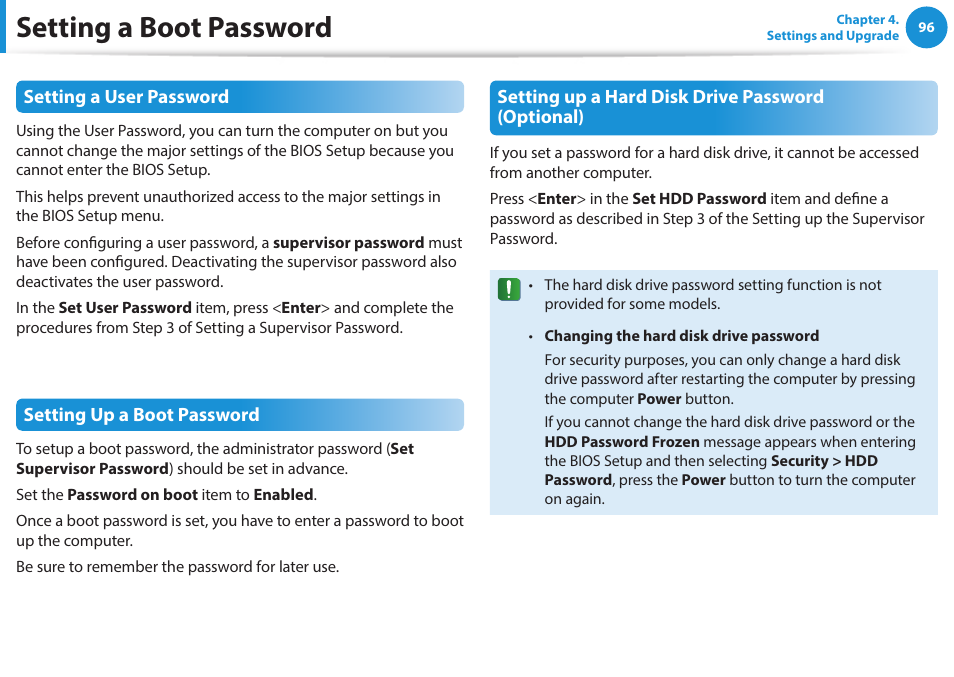 Setting a boot password | Samsung NP915S3G-K04US User Manual | Page 96 / 145