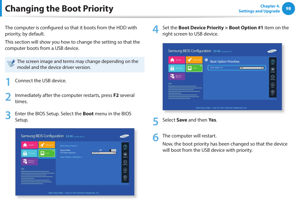 Changing the boot priority | Samsung NP915S3G-K04US User Manual | Page 98 / 145