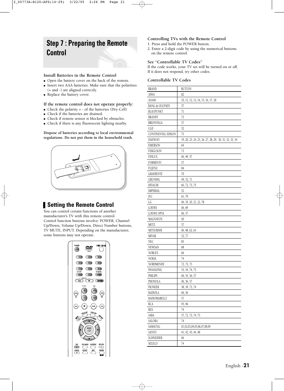 Step 7 : preparing the remote control, Setting the remote control | Samsung DVD-R120-XAA User Manual | Page 21 / 89