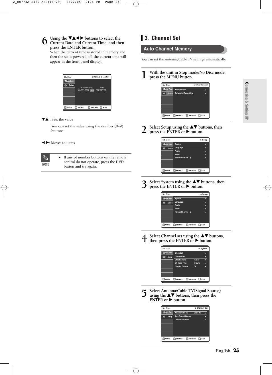 Channel set, Connecting & setting up | Samsung DVD-R120-XAA User Manual | Page 25 / 89