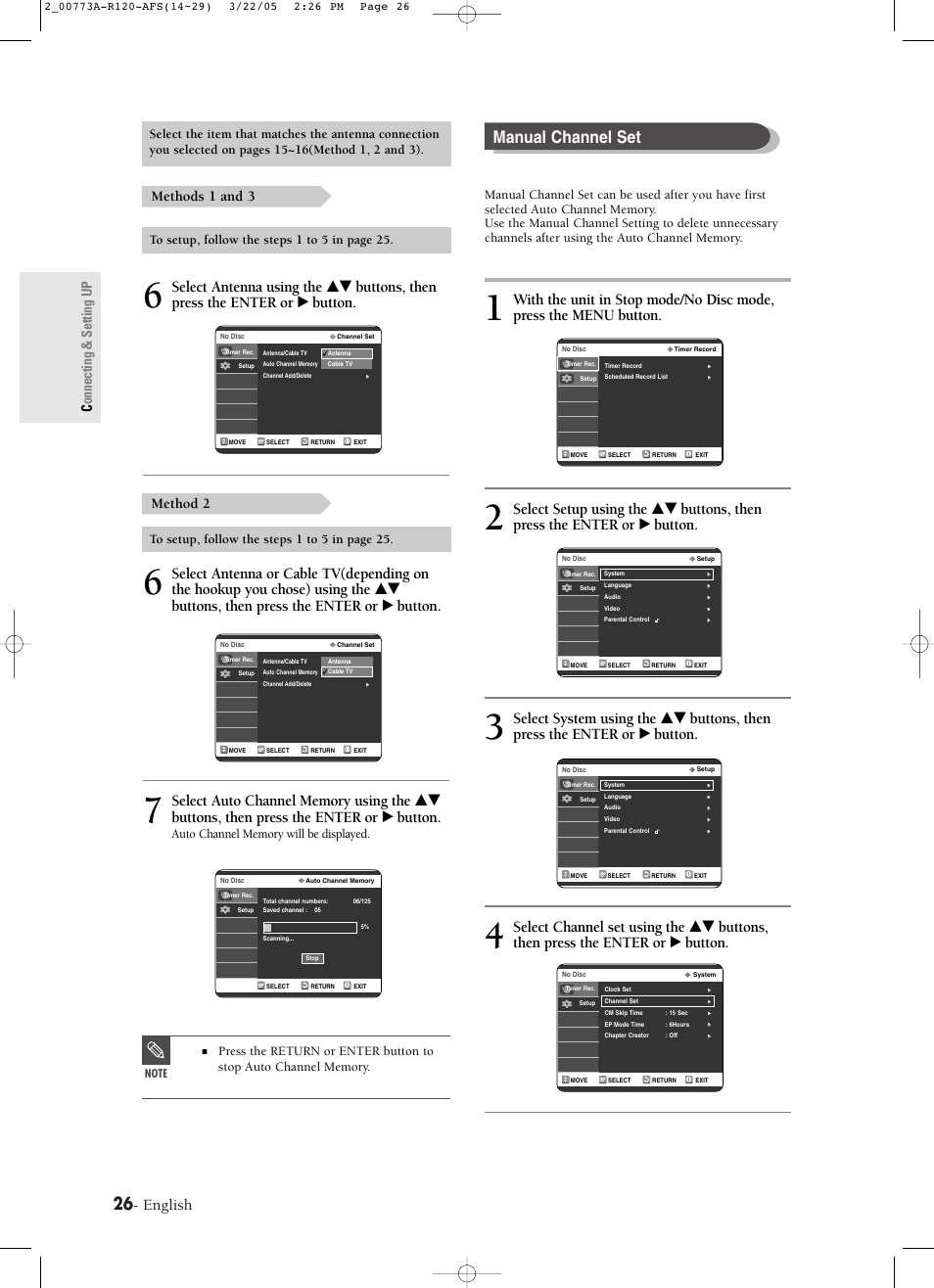 Manual channel set, English, Methods 1 and 3 method 2 | Connecting & setting up | Samsung DVD-R120-XAA User Manual | Page 26 / 89