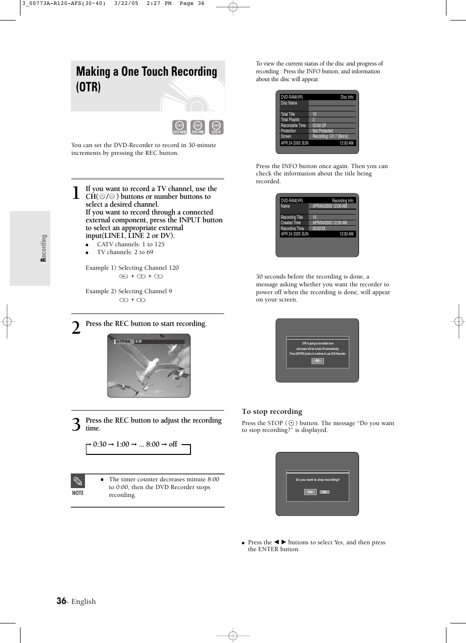 Making a one touch recording (otr), English, Press the rec button to start recording | Press the rec button to adjust the recording time | Samsung DVD-R120-XAA User Manual | Page 36 / 89