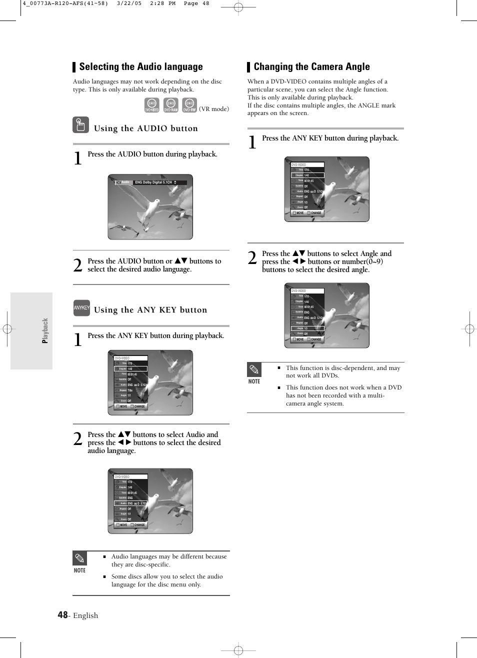 Selecting the audio language, Changing the camera angle, Using the audio button | Using the any key button, English, Press the audio button during playback, Press the any key button during playback, Playback, Vr mode) | Samsung DVD-R120-XAA User Manual | Page 48 / 89
