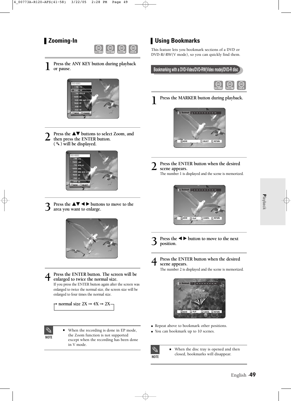 Zooming-in, Using bookmarks, English | Press the marker button during playback, Press the œ √ button to move to the next position, Press the any key button during playback or pause, Normal size 2x | Samsung DVD-R120-XAA User Manual | Page 49 / 89