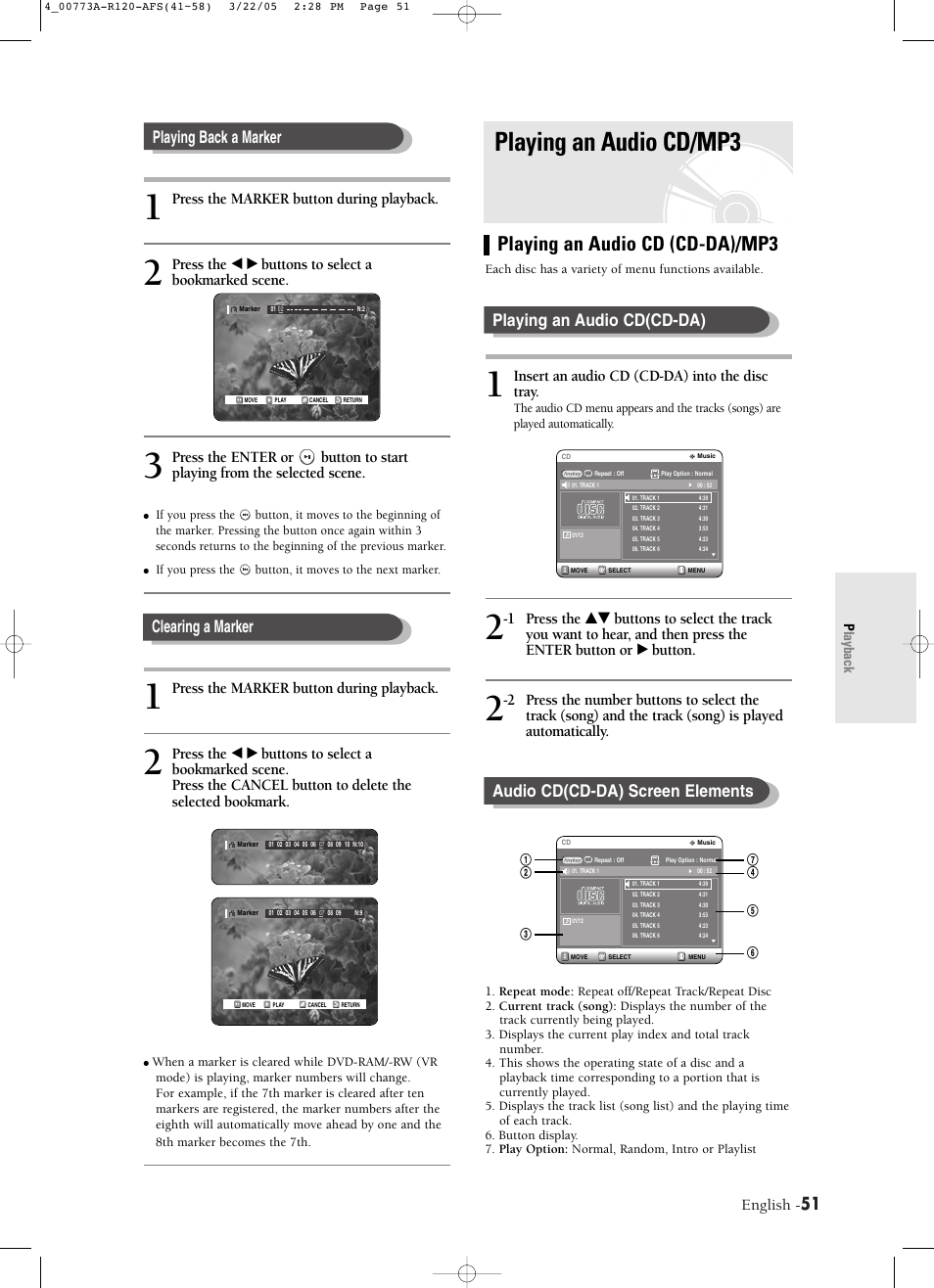 Playing an audio cd/mp3, Playing an audio cd (cd-da)/mp3, Clearing a marker playing back a marker | English, Insert an audio cd (cd-da) into the disc tray, Press the marker button during playback, Press the œ √ buttons to select a bookmarked scene | Samsung DVD-R120-XAA User Manual | Page 51 / 89