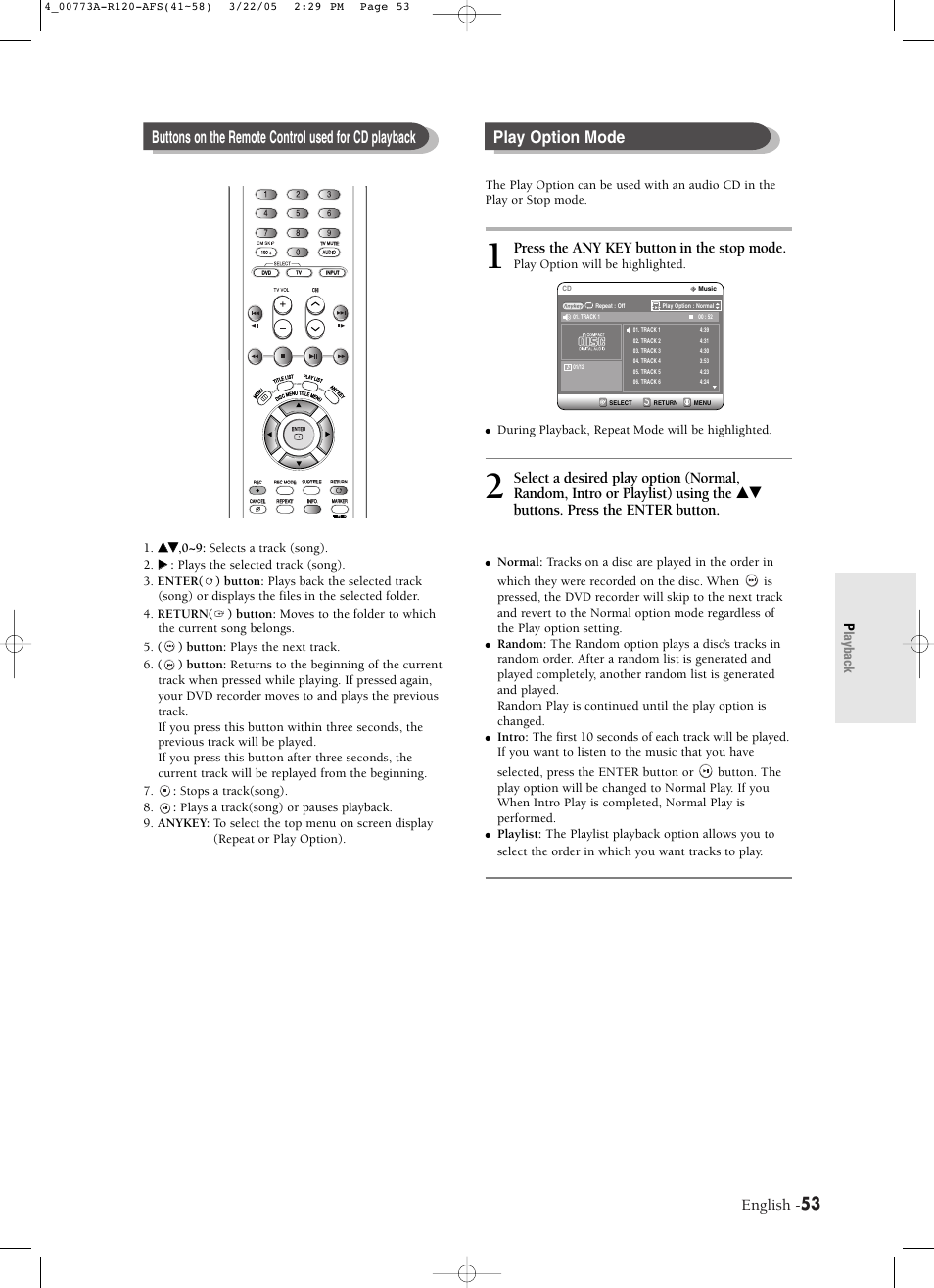 Play option mode, Buttons on the remote control used for cd playback, English | Press the any key button in the stop mode, Playback | Samsung DVD-R120-XAA User Manual | Page 53 / 89