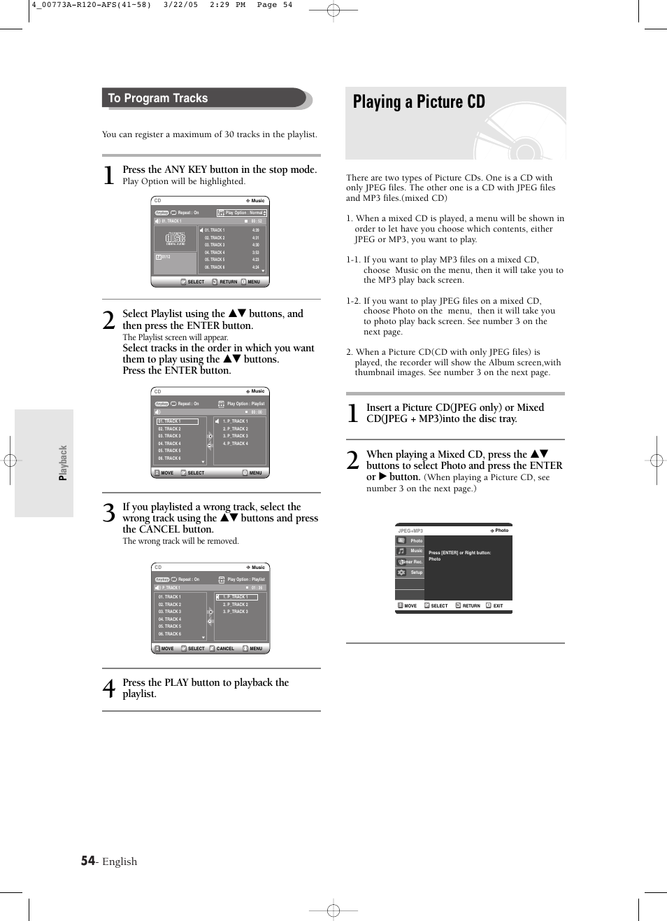 Playing a picture cd, English, Press the any key button in the stop mode | Press the play button to playback the playlist, Playback | Samsung DVD-R120-XAA User Manual | Page 54 / 89