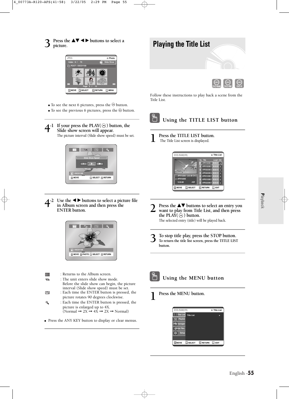 Playing the title list, Using the title list button, Using the menu button | English, Press the title list button, Press the menu button, Press the …† œ √ buttons to select a picture | Samsung DVD-R120-XAA User Manual | Page 55 / 89