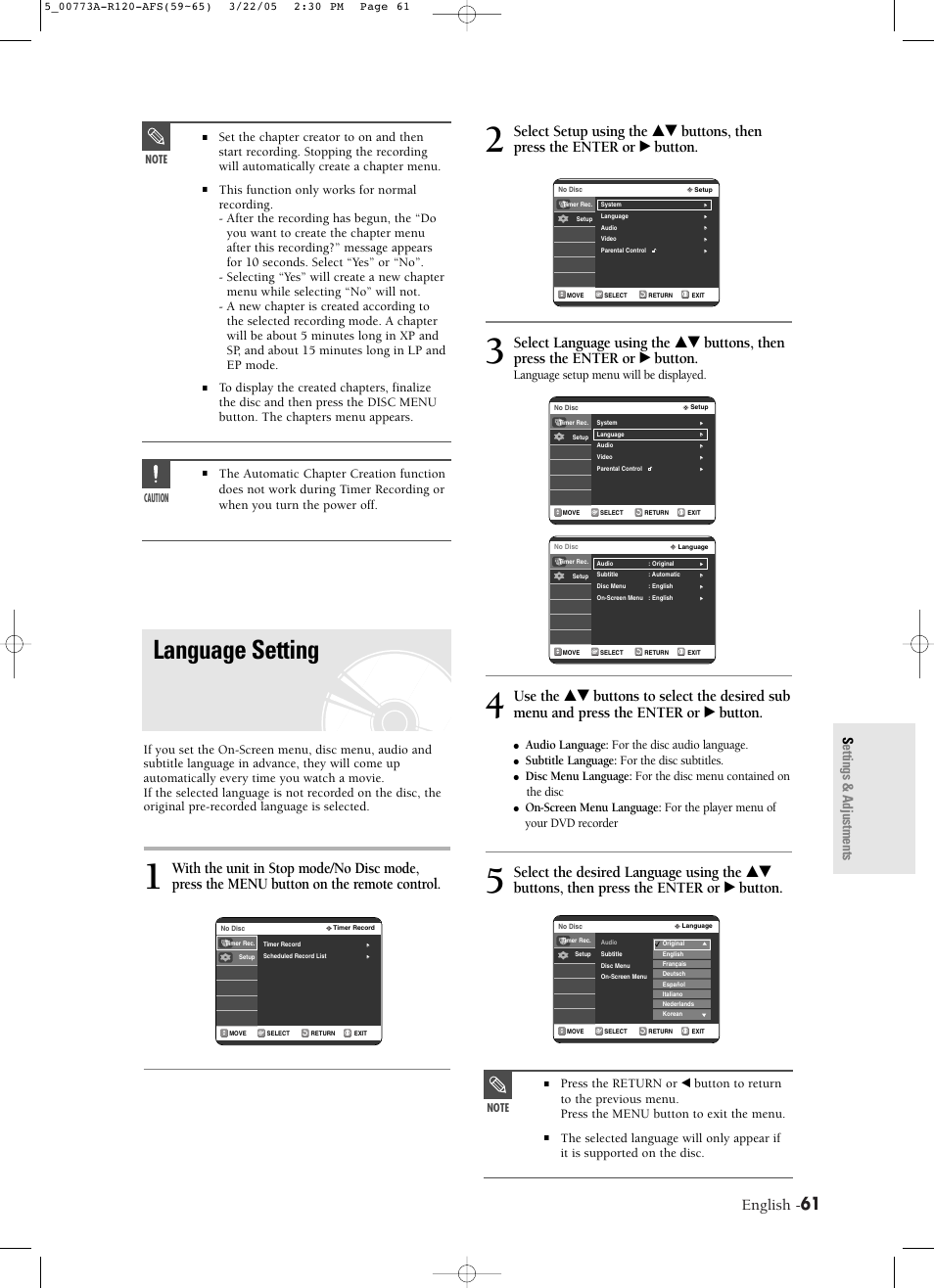 Language setting, English, Settings & adjustments | Language setup menu will be displayed, Audio language: for the disc audio language, Subtitle language: for the disc subtitles | Samsung DVD-R120-XAA User Manual | Page 61 / 89