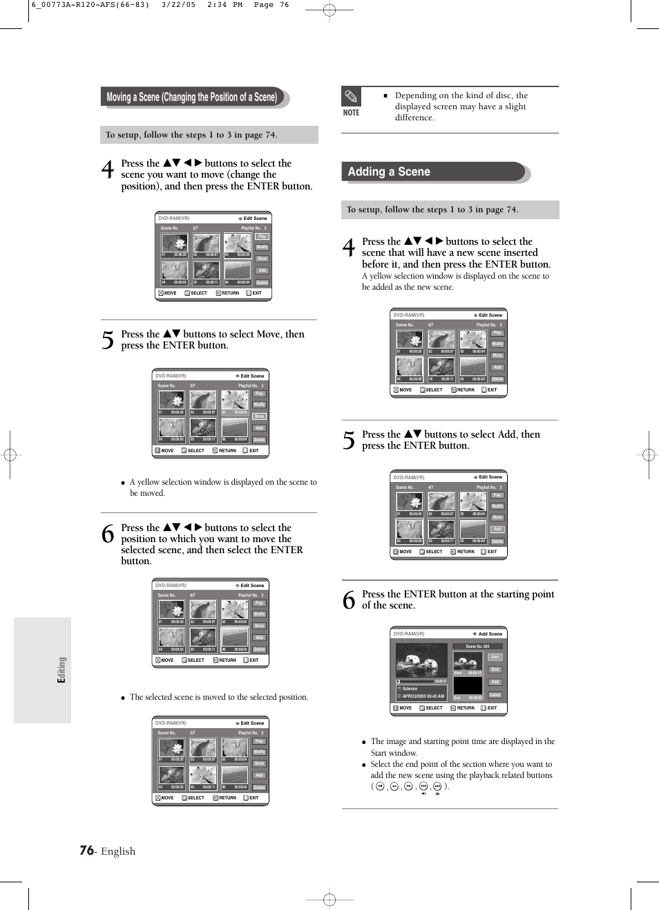 Moving a scene (changing the position of a scene), Adding a scene, English | Editing | Samsung DVD-R120-XAA User Manual | Page 76 / 89