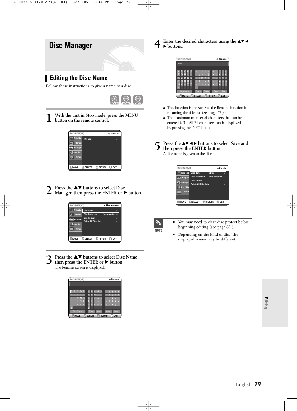 Disc manager, Editing the disc name, English | Enter the desired characters using the, Buttons, Press the, Editing, A disc name is given to the disc, Follow these instructions to give a name to a disc, The rename screen is displayed | Samsung DVD-R120-XAA User Manual | Page 79 / 89