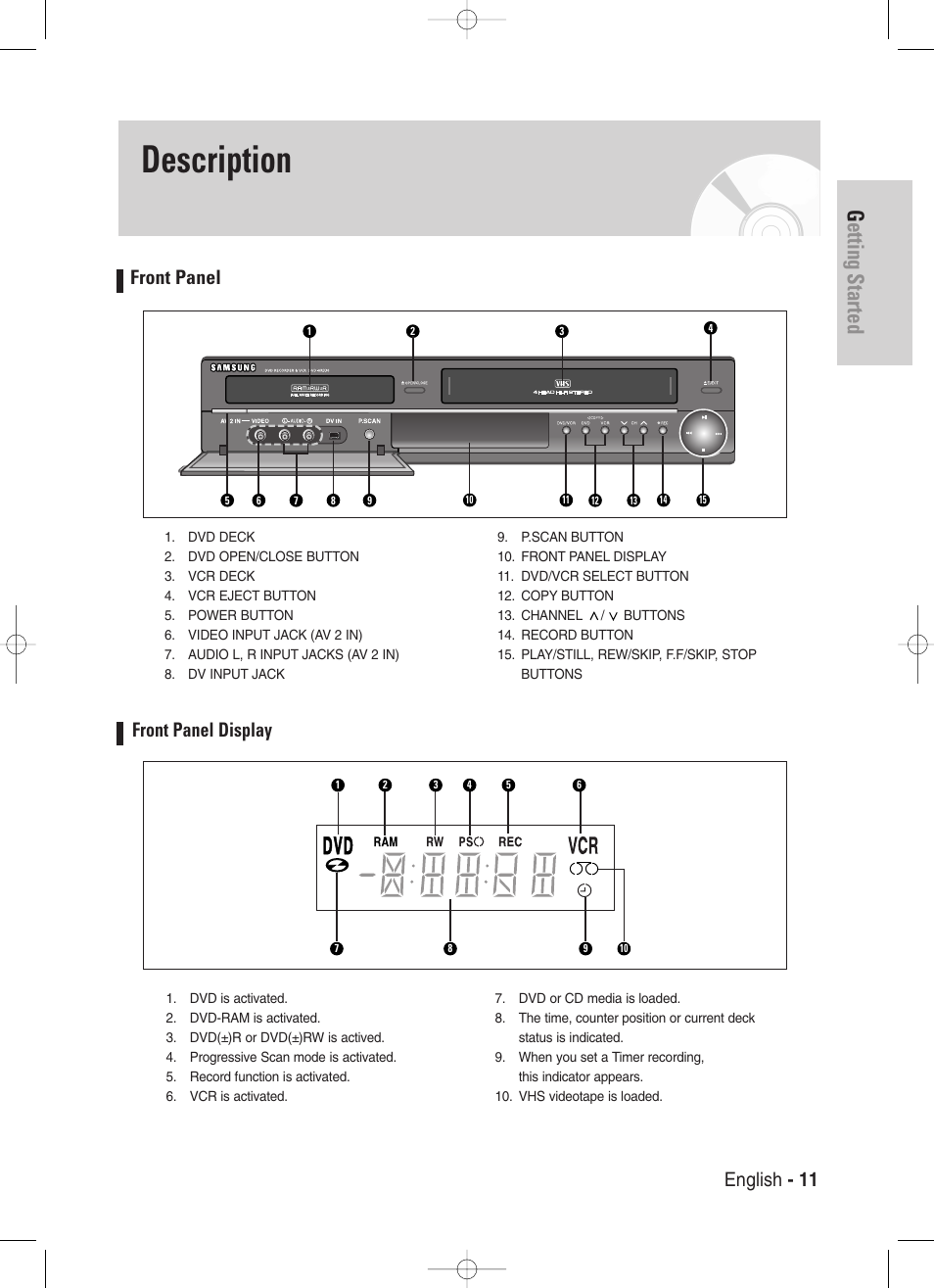 Description, Front panel, Front panel display | Getting started, English - 11 front panel | Samsung DVD-VR330-XAA User Manual | Page 11 / 99