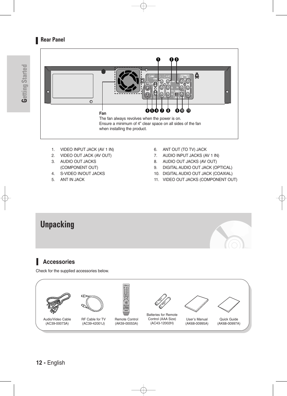 Rear panel, Unpacking, Accessories | Getting started, 12 - english rear panel | Samsung DVD-VR330-XAA User Manual | Page 12 / 99