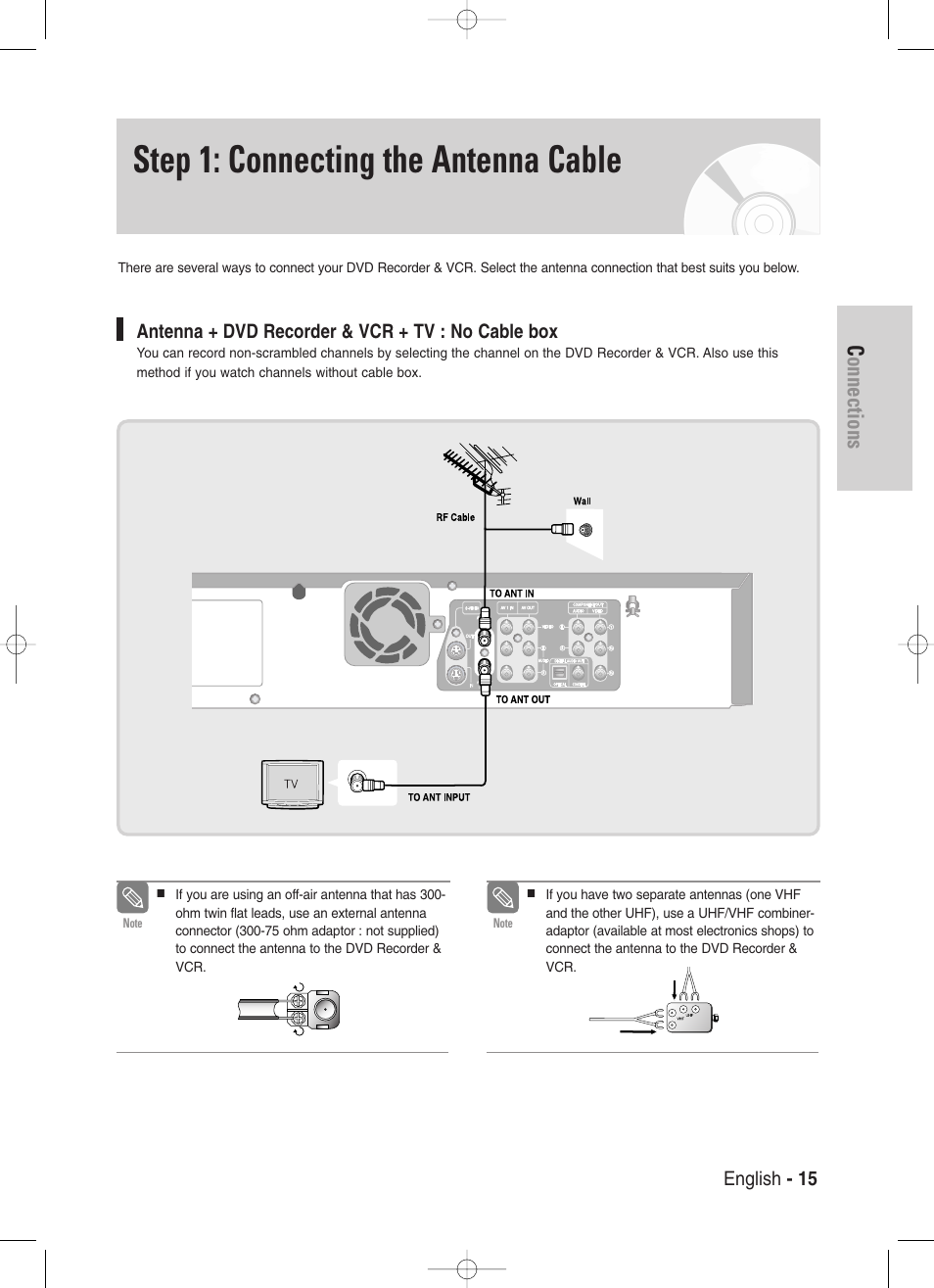 Step 1: connecting the antenna cable, Antenna + dvd recorder & vcr + tv : no cable box, Connections | Samsung DVD-VR330-XAA User Manual | Page 15 / 99