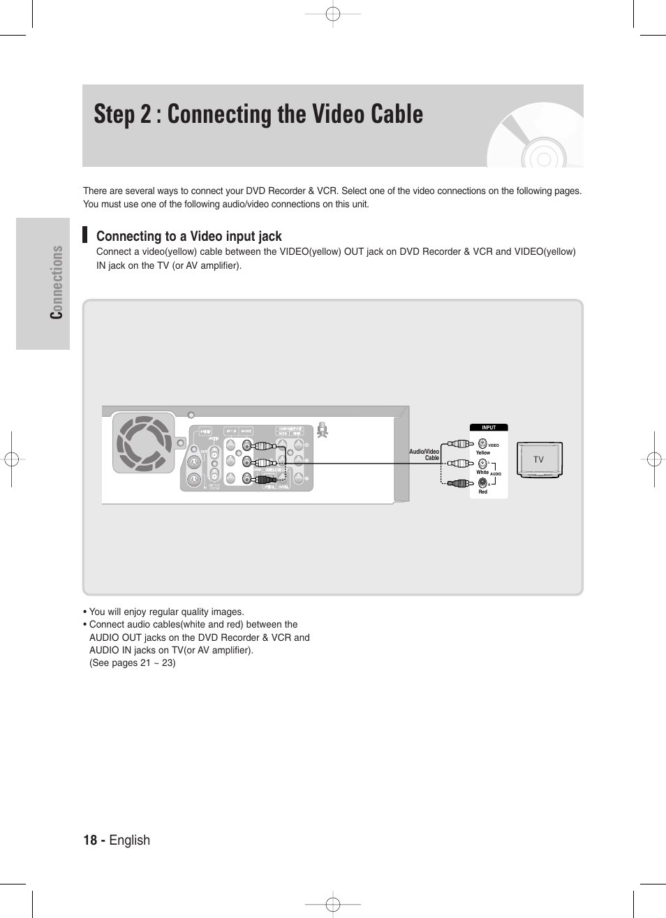 Step 2 : connecting the video cable, Connecting to a video input jack, Connections | 18 - english | Samsung DVD-VR330-XAA User Manual | Page 18 / 99