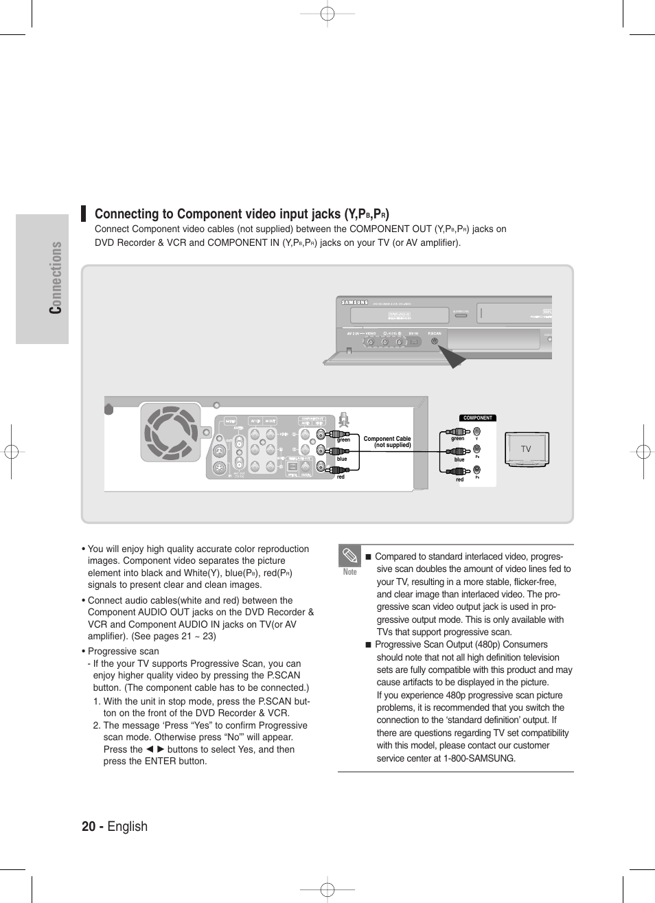 Connections, 20 - english, Connecting to component video input jacks (y,p | Samsung DVD-VR330-XAA User Manual | Page 20 / 99