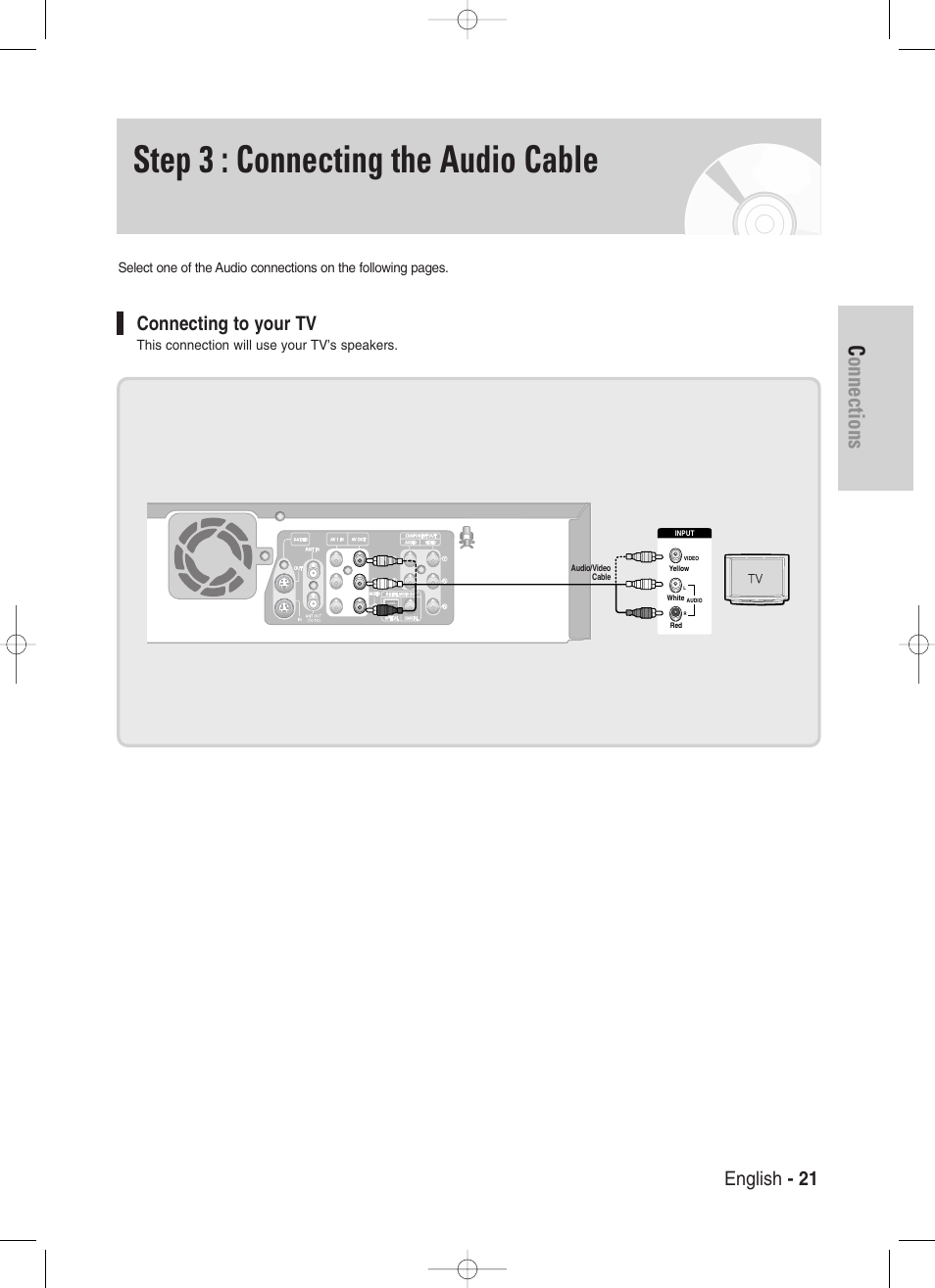 Step 3 : connecting the audio cable, Connecting to your tv, Connections | English - 21 | Samsung DVD-VR330-XAA User Manual | Page 21 / 99