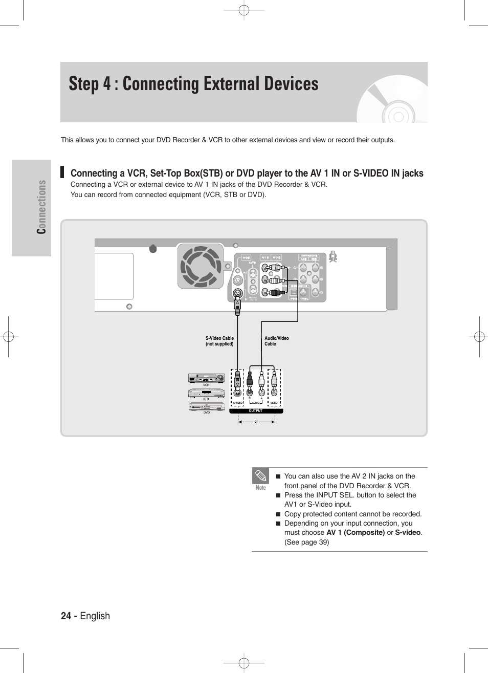 Step 4 : connecting external devices, Connections, 24 - english | Samsung DVD-VR330-XAA User Manual | Page 24 / 99