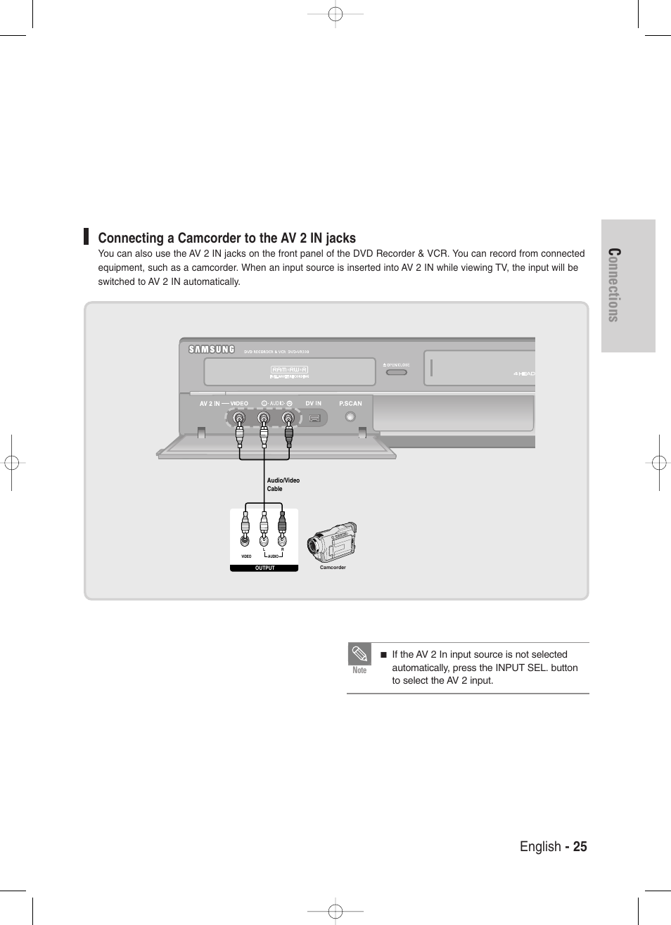 Connecting a camcorder to the av 2 in jacks, Connections, English - 25 | Samsung DVD-VR330-XAA User Manual | Page 25 / 99
