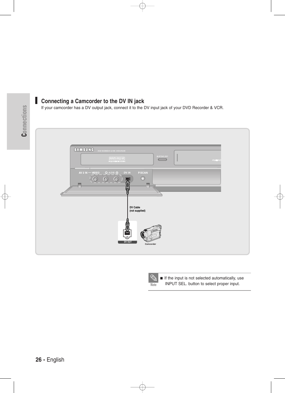 Connecting a camcorder to the dv in jack, Connections, 26 - english | Samsung DVD-VR330-XAA User Manual | Page 26 / 99