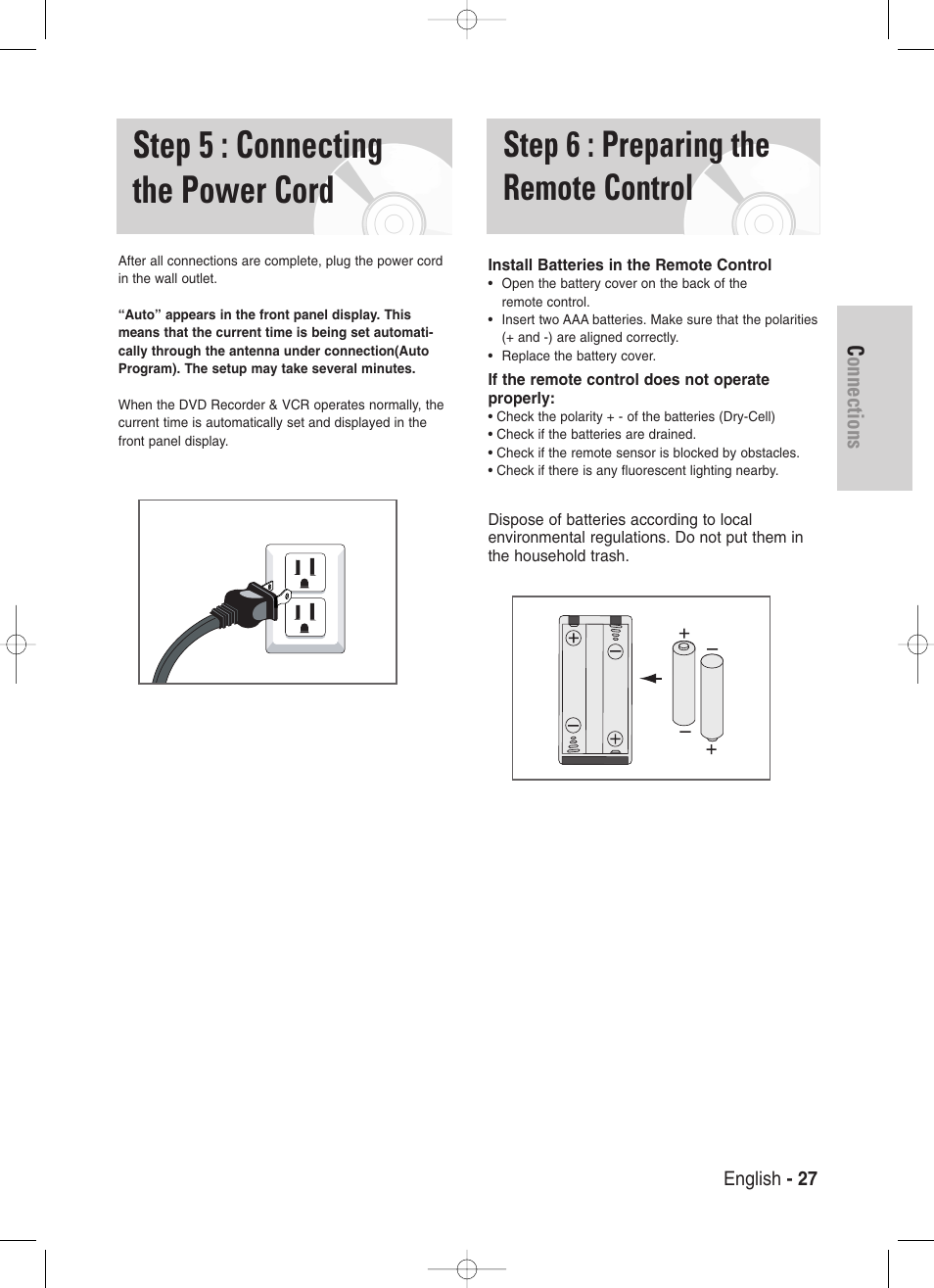 Step 5 : connecting the power cord, Step 6 : preparing the remote control, Connections | Samsung DVD-VR330-XAA User Manual | Page 27 / 99