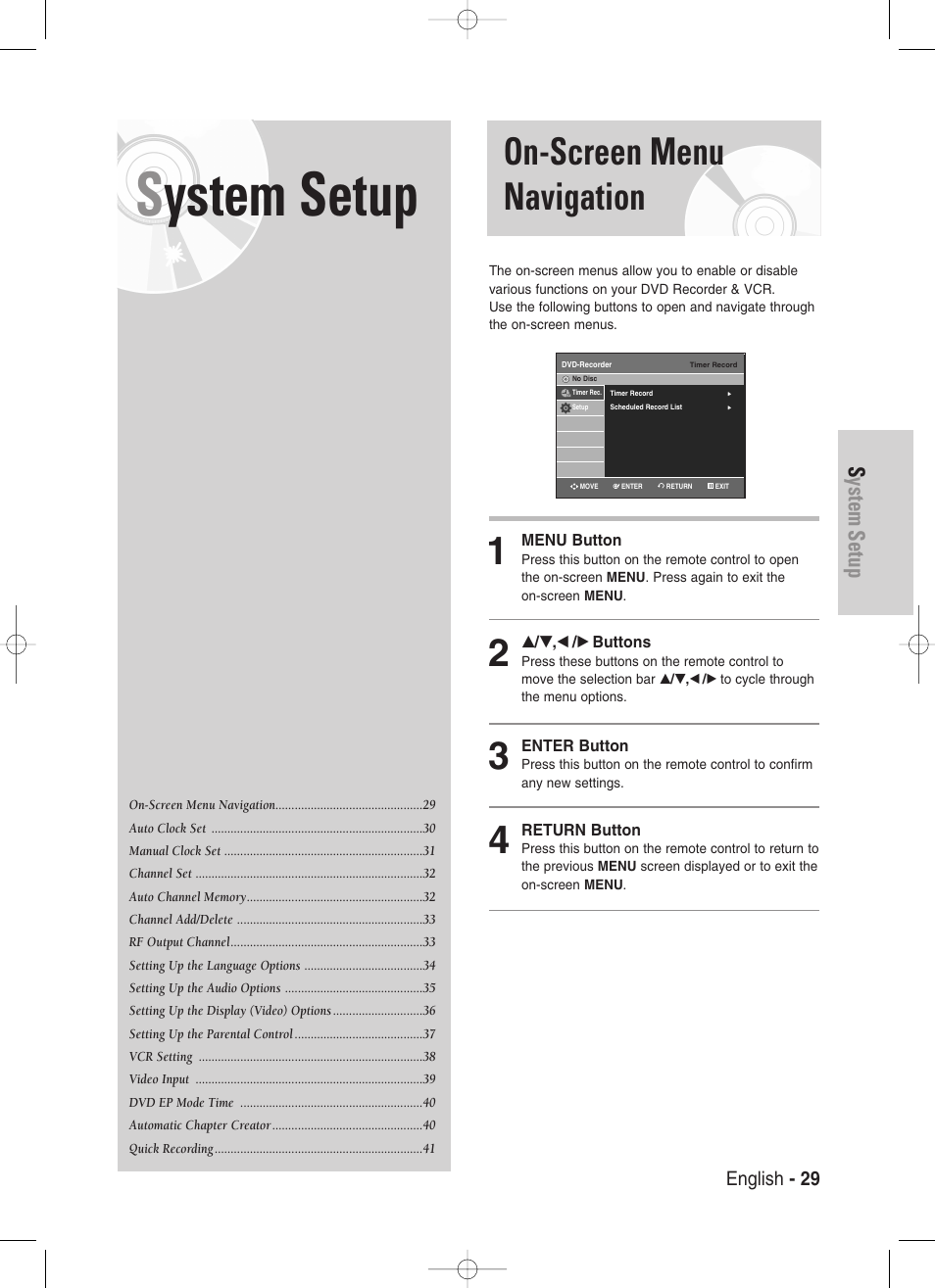 System setup, On-screen menu navigation | Samsung DVD-VR330-XAA User Manual | Page 29 / 99