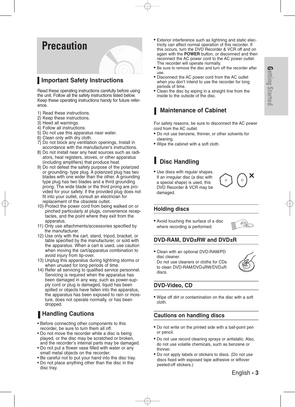 Precaution, Important safety instructions, Handling cautions | Maintenance of cabinet, Disc handling, Getting started, English - 3 important safety instructions | Samsung DVD-VR330-XAA User Manual | Page 3 / 99