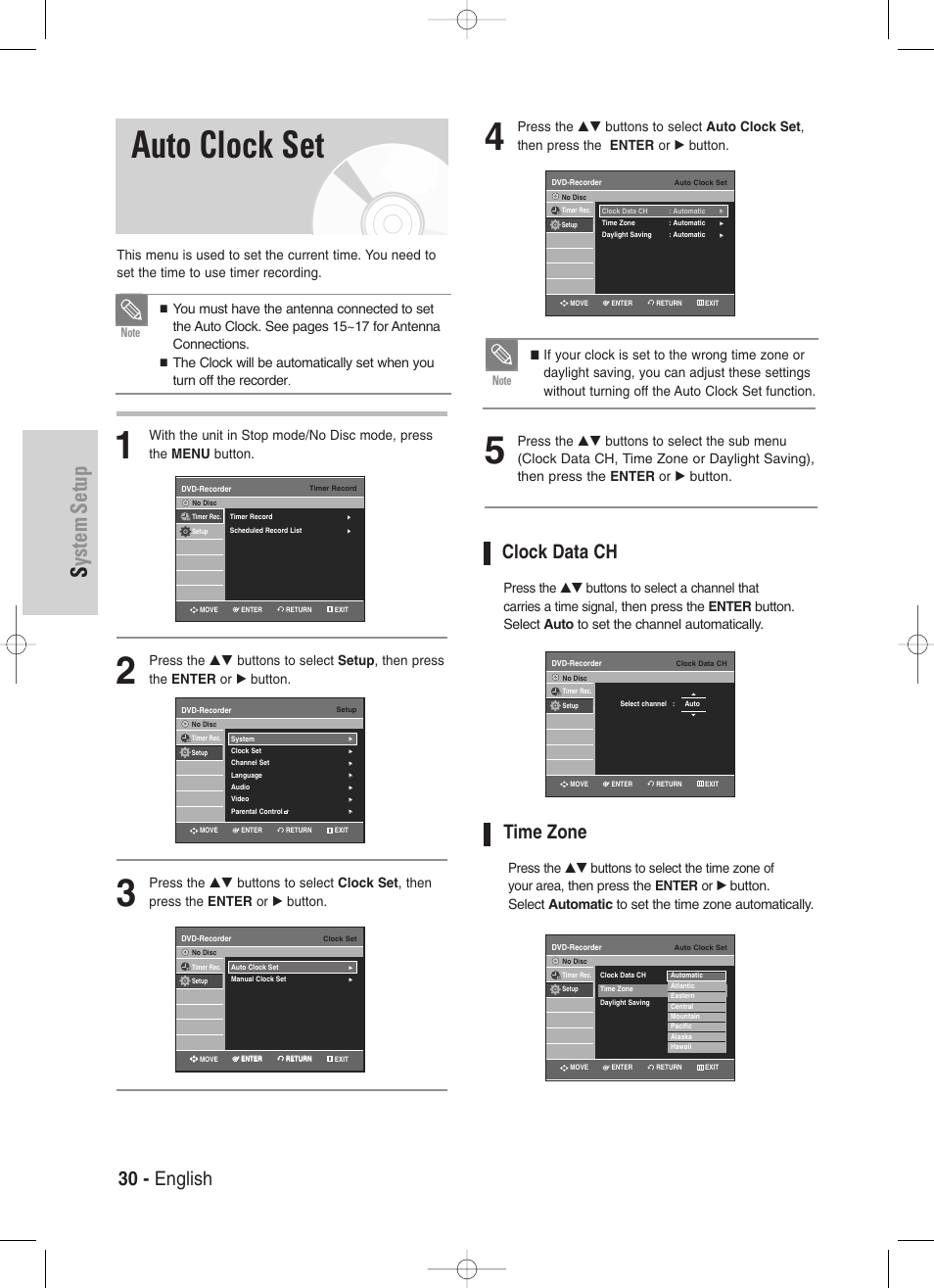 Auto clock set, System setup, Clock data ch | Time zone, 30 - english | Samsung DVD-VR330-XAA User Manual | Page 30 / 99