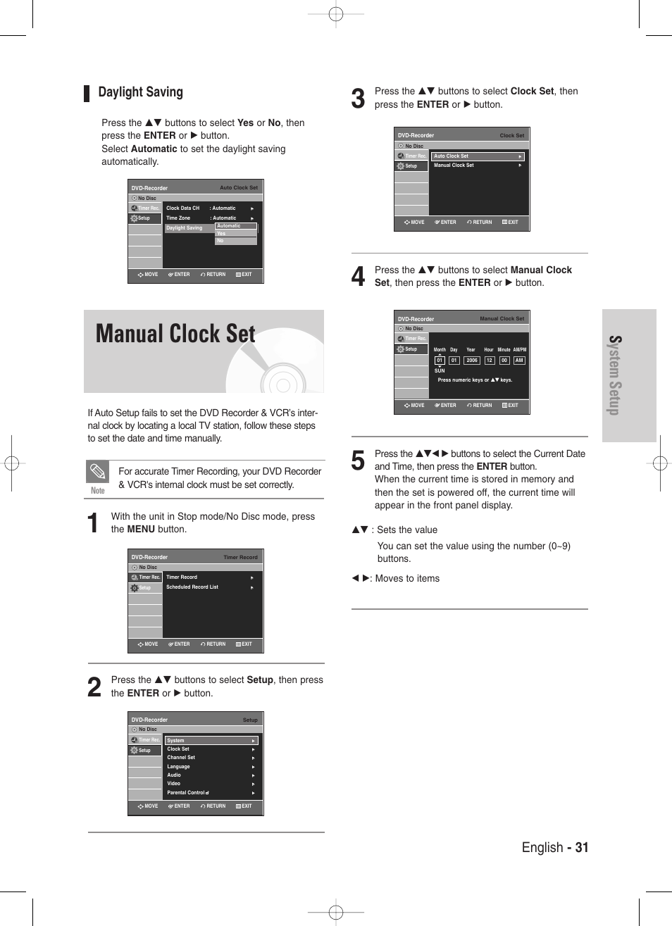 Manual clock set, System setup, English - 31 | Daylight saving | Samsung DVD-VR330-XAA User Manual | Page 31 / 99