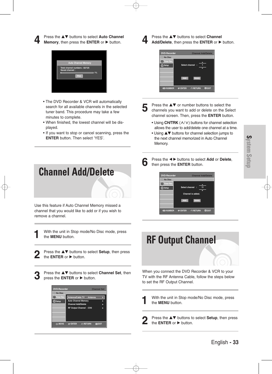 Channel add/delete, Rf output channel, System setup | English - 33 | Samsung DVD-VR330-XAA User Manual | Page 33 / 99