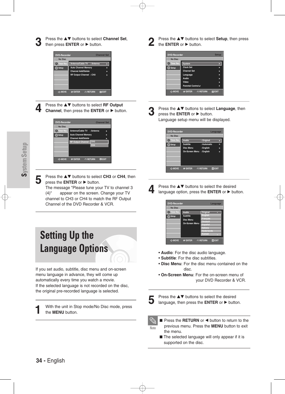 Setting up the language options, System setup, 34 - english | Samsung DVD-VR330-XAA User Manual | Page 34 / 99