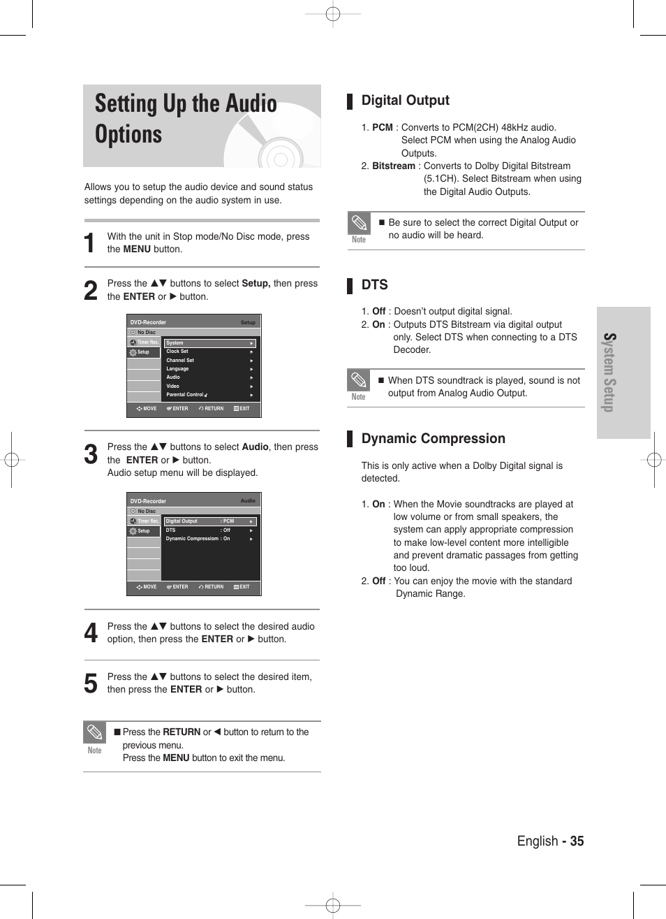 Setting up the audio options, System setup, English - 35 | Digital output, Dynamic compression | Samsung DVD-VR330-XAA User Manual | Page 35 / 99