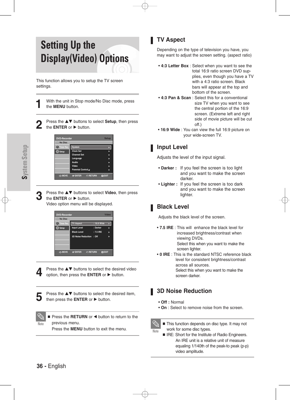 Setting up the display(video) options, System setup, 36 - english | Tv aspect, Input level, Black level, 3d noise reduction | Samsung DVD-VR330-XAA User Manual | Page 36 / 99