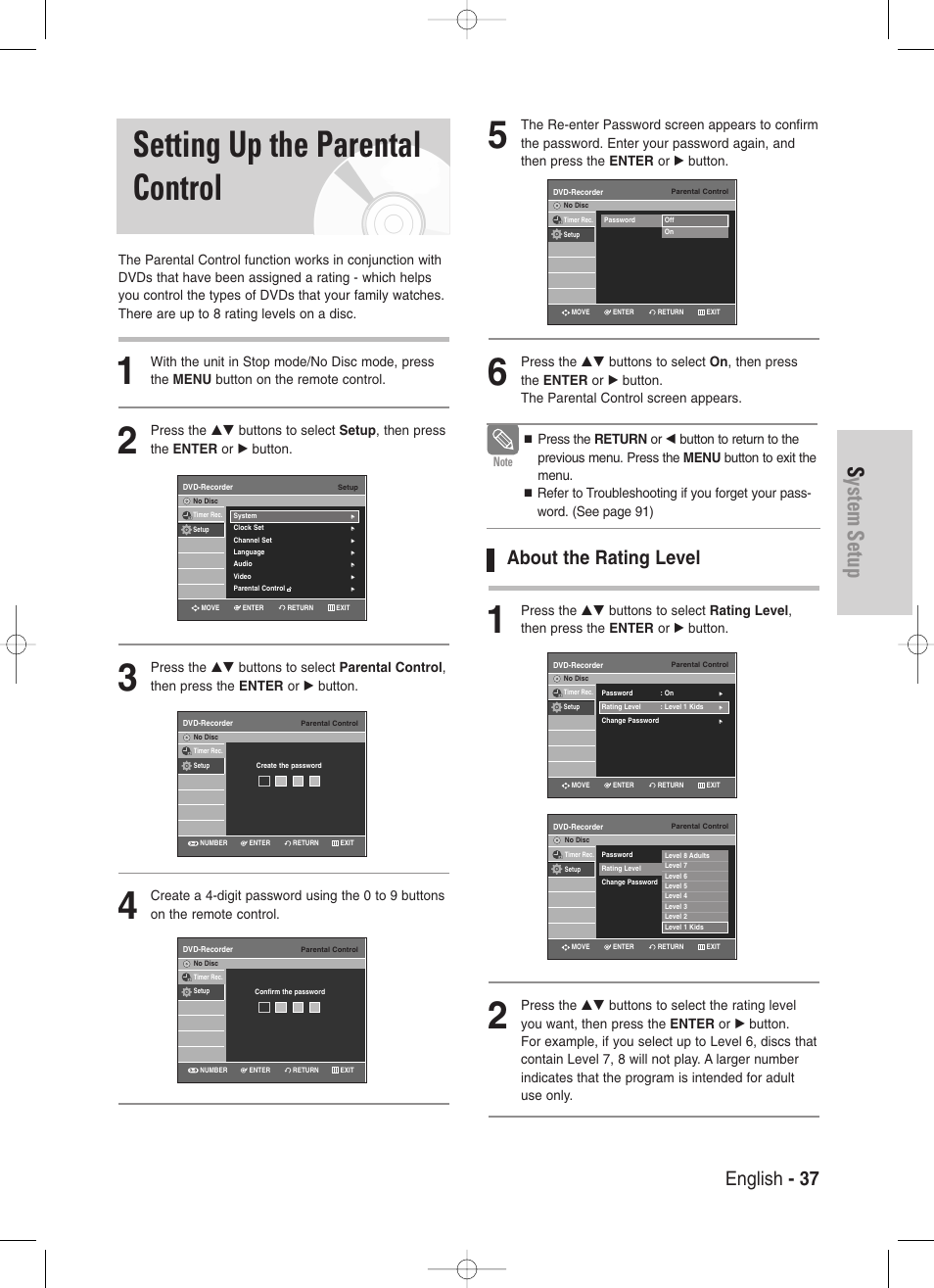 Setting up the parental control, System setup, English - 37 | About the rating level | Samsung DVD-VR330-XAA User Manual | Page 37 / 99