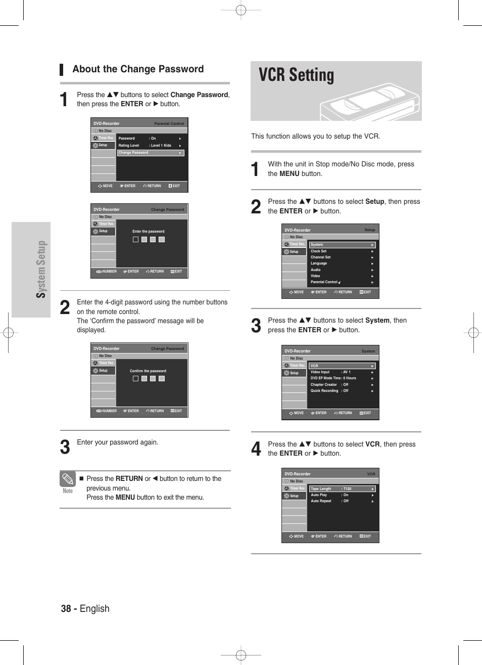 Vcr setting, System setup, 38 - english | About the change password, This function allows you to setup the vcr | Samsung DVD-VR330-XAA User Manual | Page 38 / 99