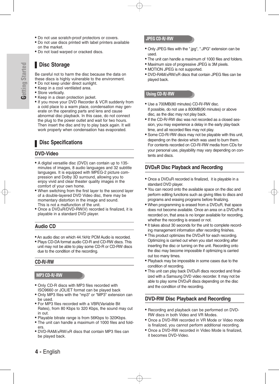 Disc storage, Disc specifications, Getting started | 4 - english | Samsung DVD-VR330-XAA User Manual | Page 4 / 99