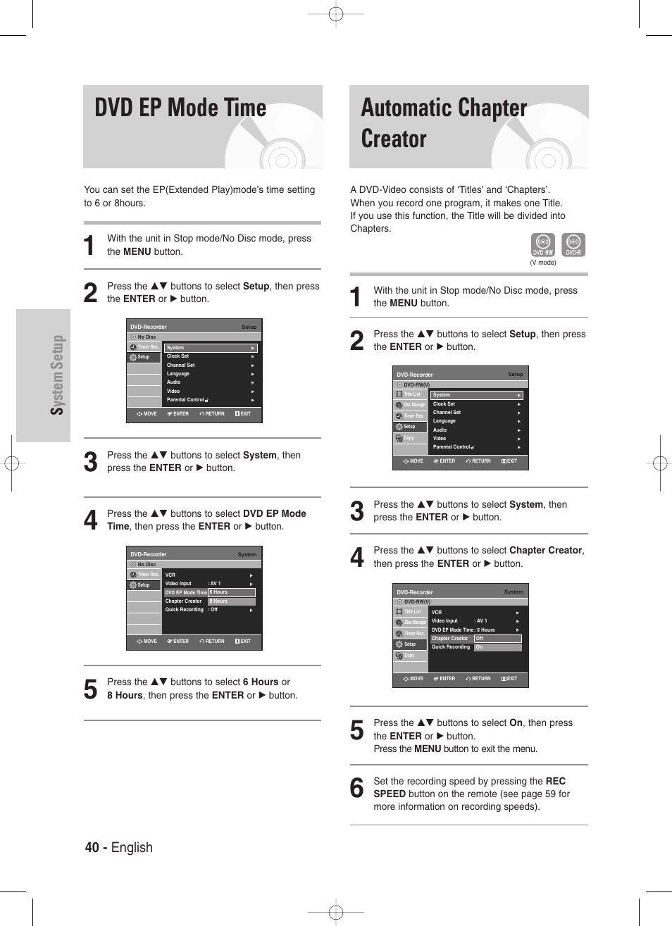 Dvd ep mode time, Automatic chapter creator, System setup | 40 - english | Samsung DVD-VR330-XAA User Manual | Page 40 / 99