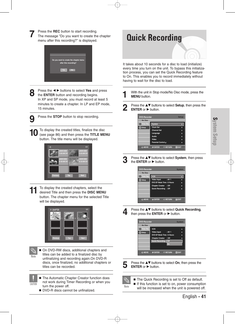 Quick recording, System setup, English - 41 | Press the stop button to stop recording | Samsung DVD-VR330-XAA User Manual | Page 41 / 99