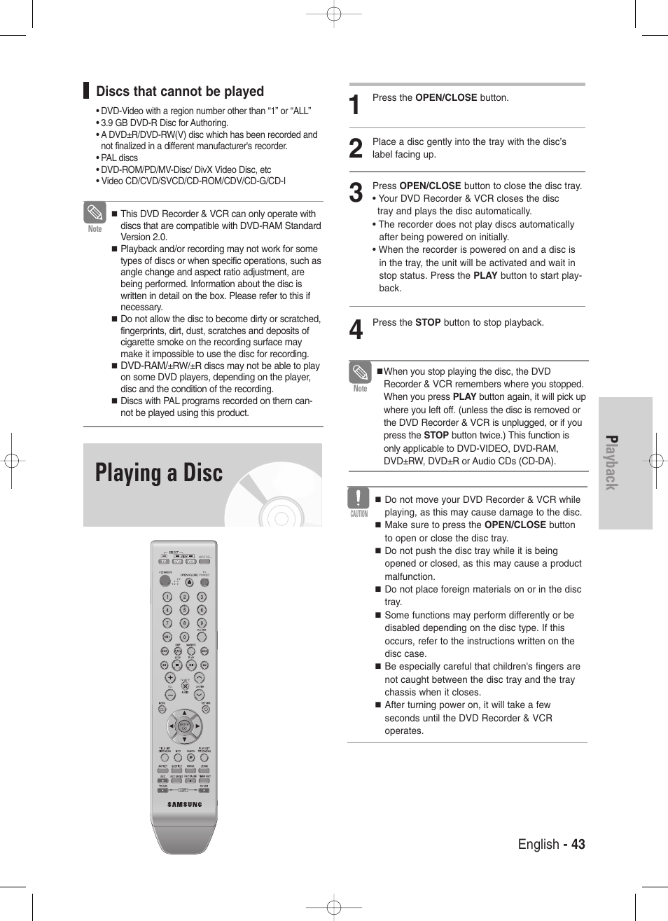 Playing a disc, Playback | Samsung DVD-VR330-XAA User Manual | Page 43 / 99
