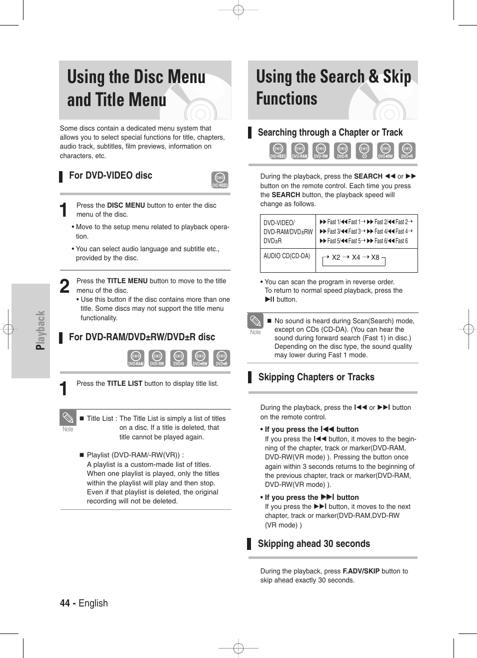 Using the disc menu and title menu, Using the search & skip functions, Playback | 44 - english, Searching through a chapter or track, Skipping chapters or tracks, Skipping ahead 30 seconds, For dvd-video disc, For dvd-ram/dvd±rw/dvd±r disc | Samsung DVD-VR330-XAA User Manual | Page 44 / 99